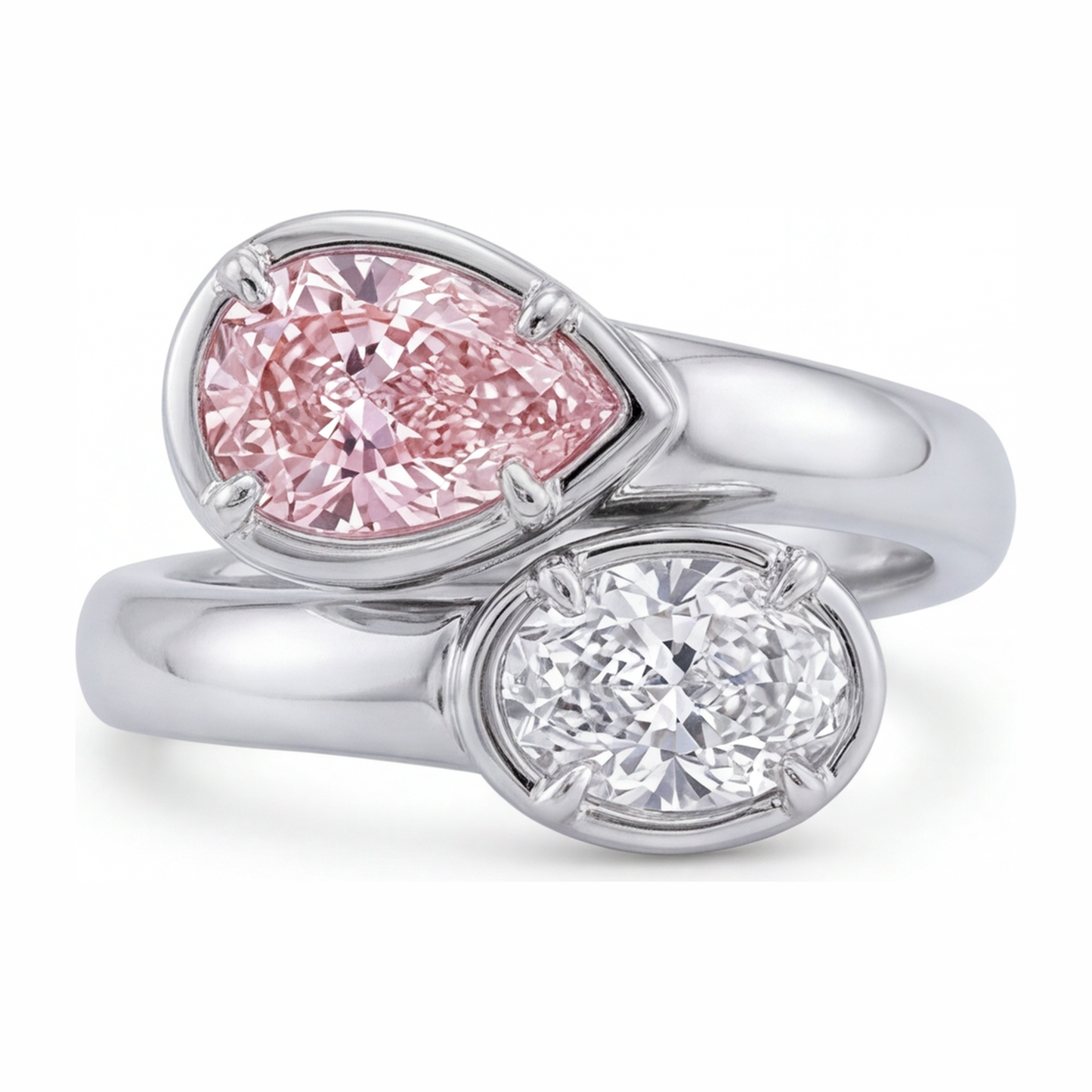 Anello Contrarié con Diamante Rosa Ovale da Laboratorio da 1,75 Carati in Oro Bianco 14K