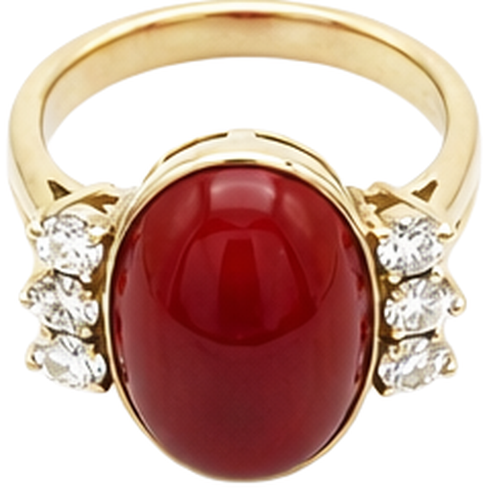10.25 Carati Grande Corallo Rosso Con Diamanti Anello Nuovo Oro Giallo 14K