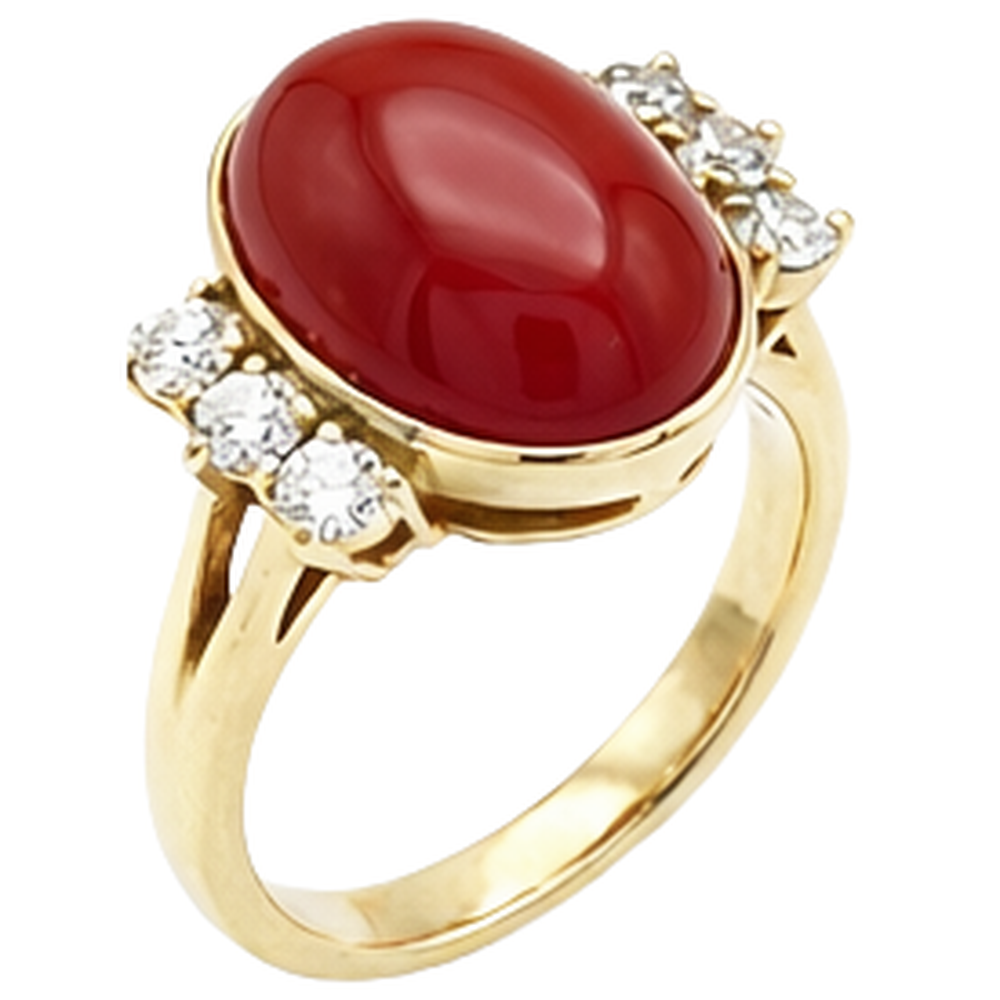 10.25 Carati Grande Corallo Rosso Con Diamanti Anello Nuovo Oro Giallo 14K