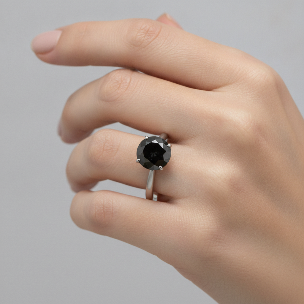 Gioielli con Diamante Nero - Anello Solitario Semplice con Diamante Naturale Rotondo da 5 Carati in Oro Bianco 14K