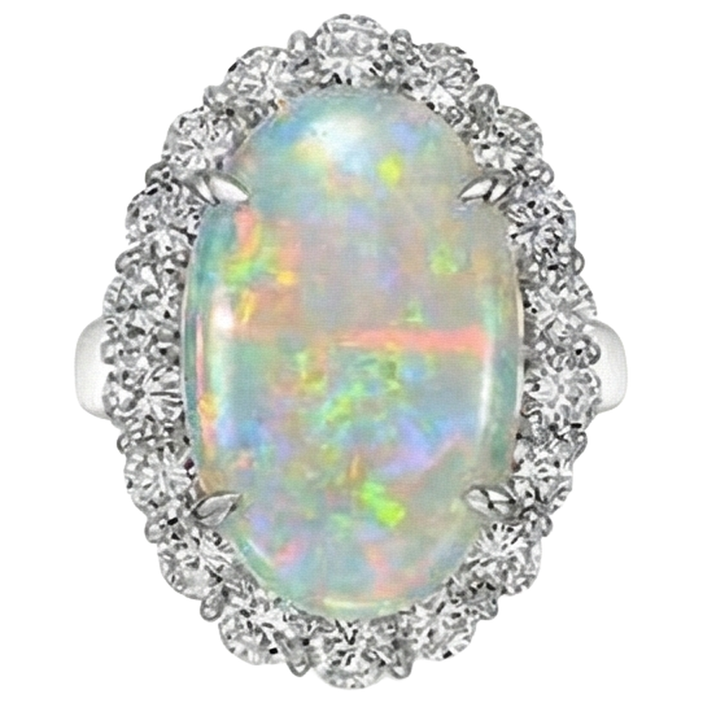 12.50 Carati Anello Nuziale Opale E Diamanti Nuovo Oro Bianco 14K
