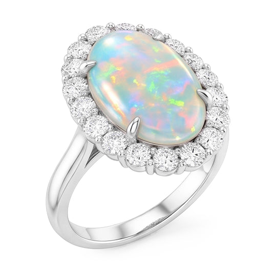 12.50 Carati Anello Nuziale Opale E Diamanti Nuovo Oro Bianco 14K