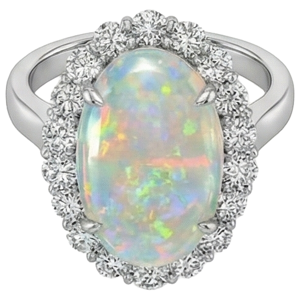 12.50 Carati Anello Nuziale Opale E Diamanti Nuovo Oro Bianco 14K