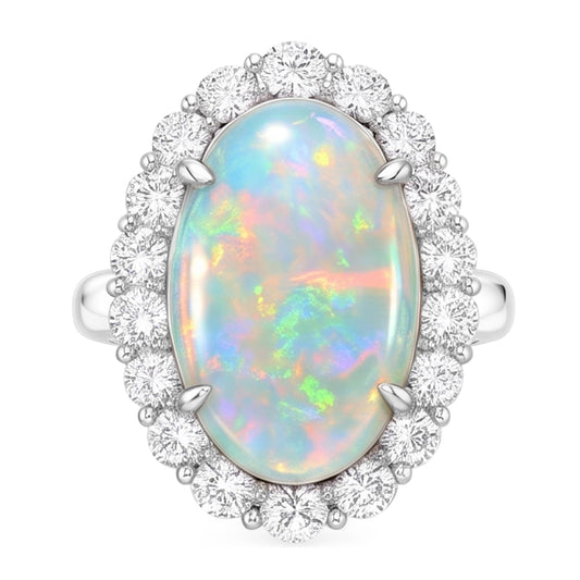 12.50 Carati Anello Nuziale Opale E Diamanti Nuovo Oro Bianco 14K