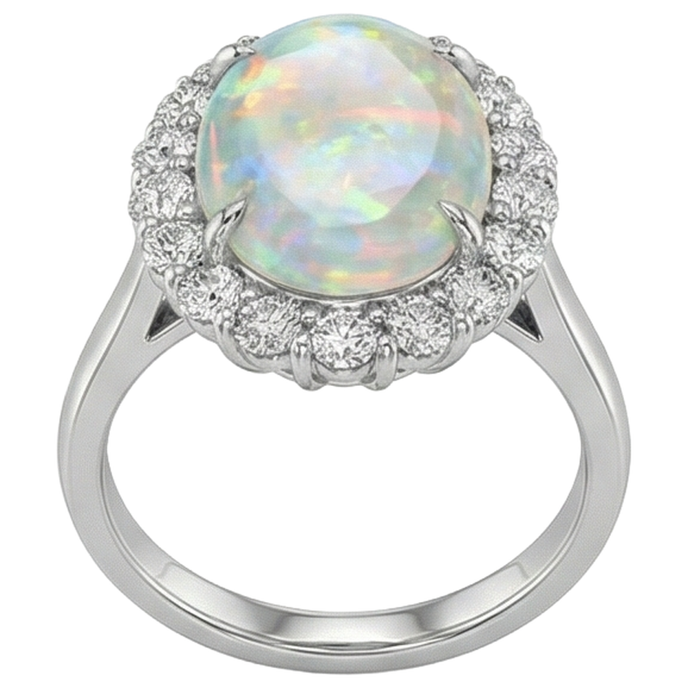 12.50 Carati Anello Nuziale Opale E Diamanti Nuovo Oro Bianco 14K