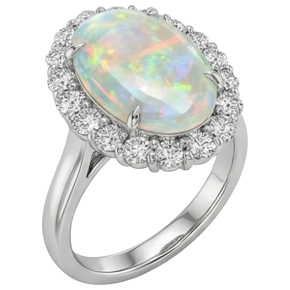 12.50 Carati Anello Nuziale Opale E Diamanti Nuovo Oro Bianco 14K
