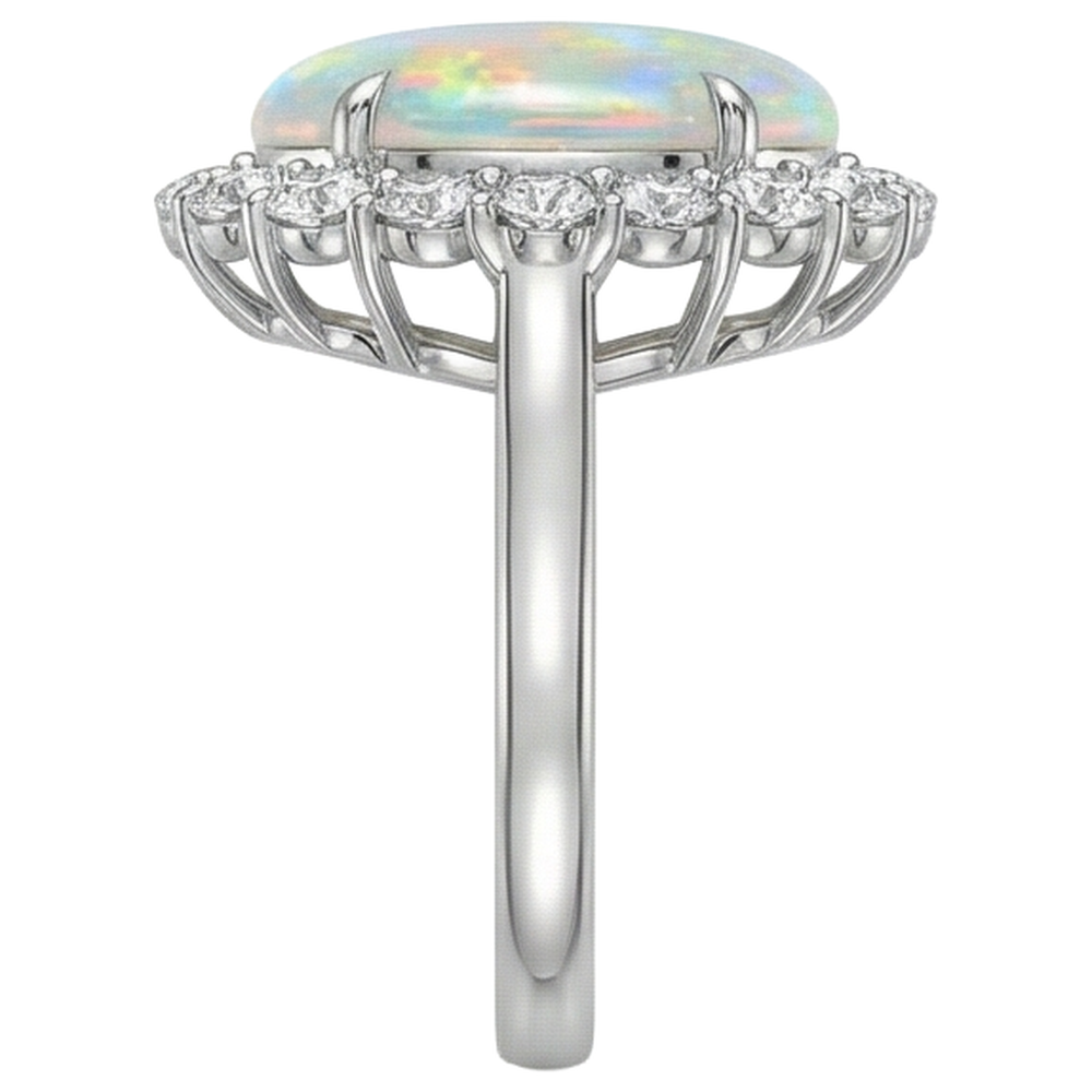 12.50 Carati Anello Nuziale Opale E Diamanti Nuovo Oro Bianco 14K
