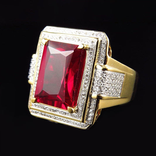 13 ct Grande Smeraldo Taglio Rosso AAA Anello da Uomo Rubino Con Diamante Oro Giallo 14 kt