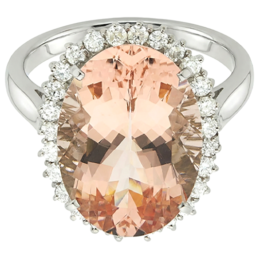 14.25 ct. Anello Morganite Ovale Grande Con Piccoli Diamanti Oro Bianco 14K