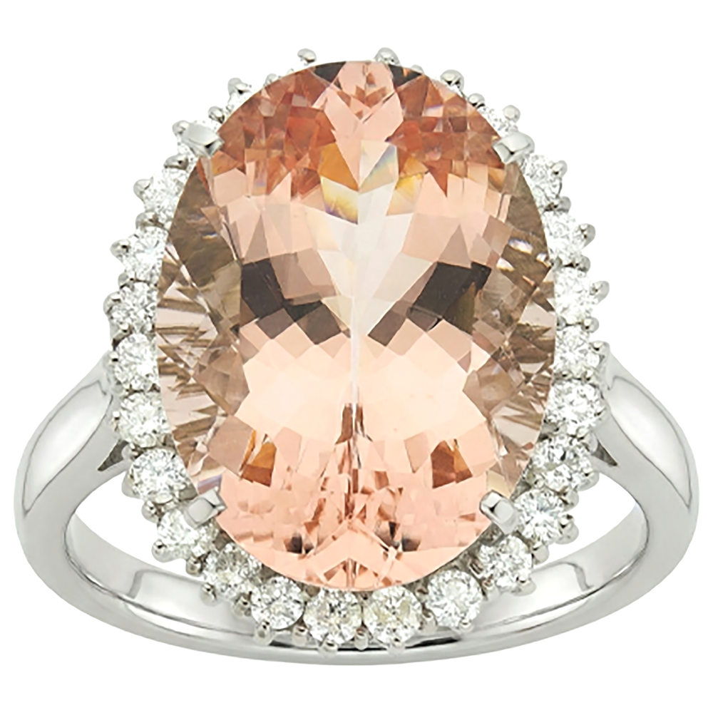14.25 ct. Anello Morganite Ovale Grande Con Piccoli Diamanti Oro Bianco 14K