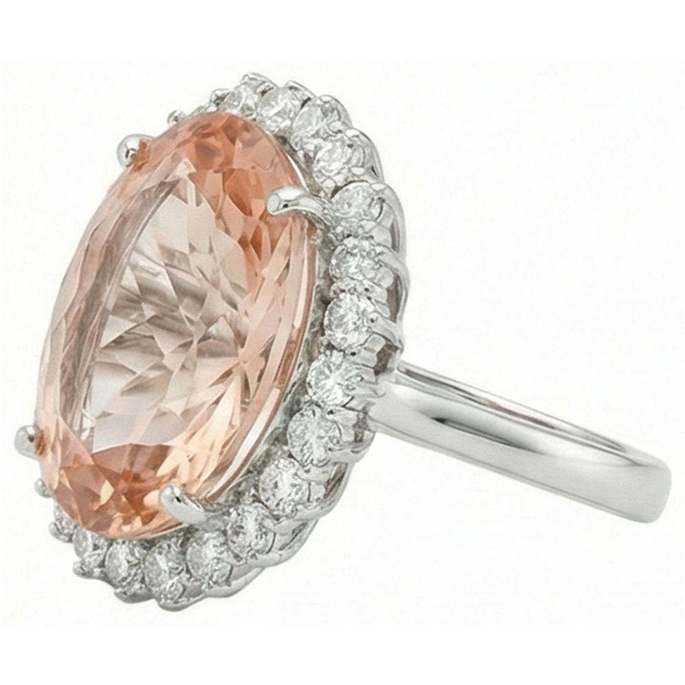 14.25 ct. Anello Morganite Ovale Grande Con Piccoli Diamanti Oro Bianco 14K
