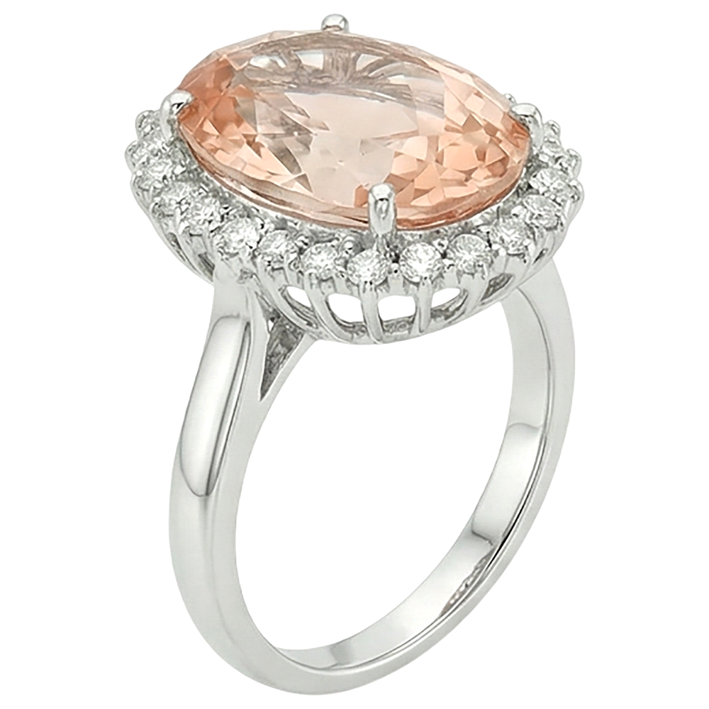 14.25 ct. Anello Morganite Ovale Grande Con Piccoli Diamanti Oro Bianco 14K