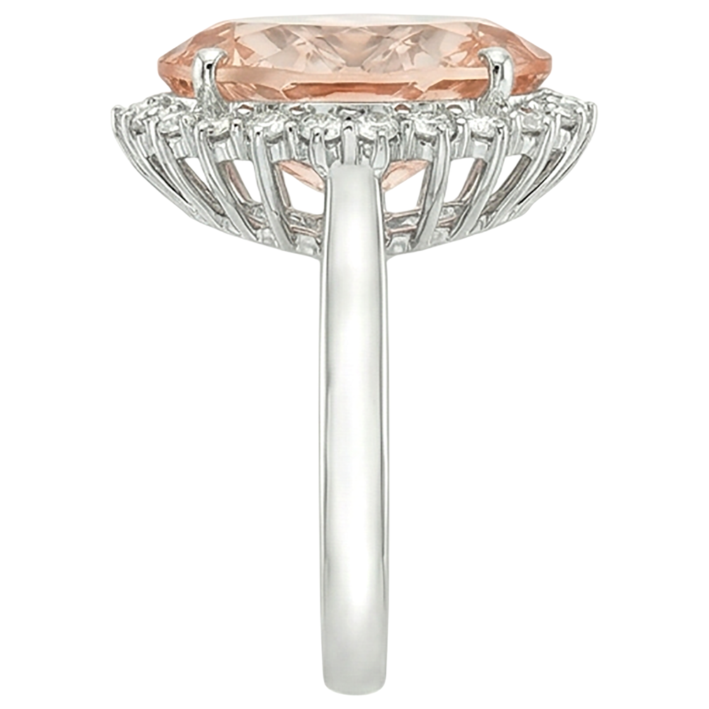 14.25 ct. Anello Morganite Ovale Grande Con Piccoli Diamanti Oro Bianco 14K