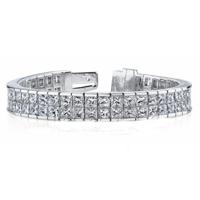 14.30 Carati Princess Double Row Naturale Diamond Tennis Bracciale In Oro Bianco 14K