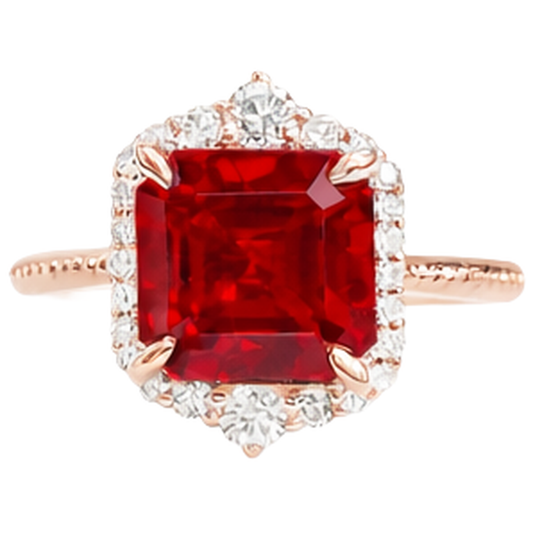 17 carati grande anello a forma di rubino rosso asscher e diamanti in oro 14k