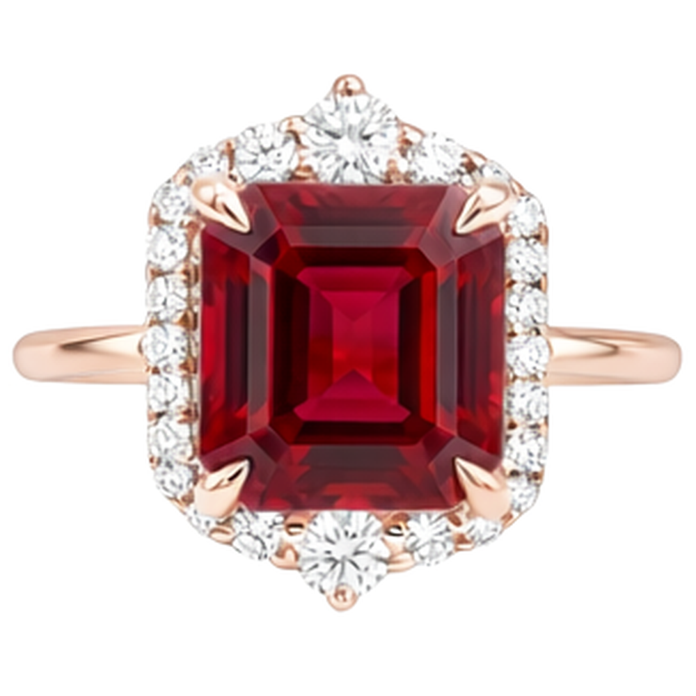 17 carati grande anello a forma di rubino rosso asscher e diamanti in oro 14k