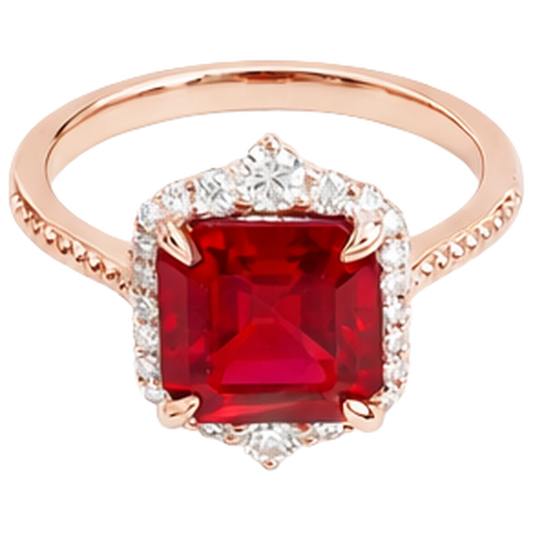 17 carati grande anello a forma di rubino rosso asscher e diamanti in oro 14k