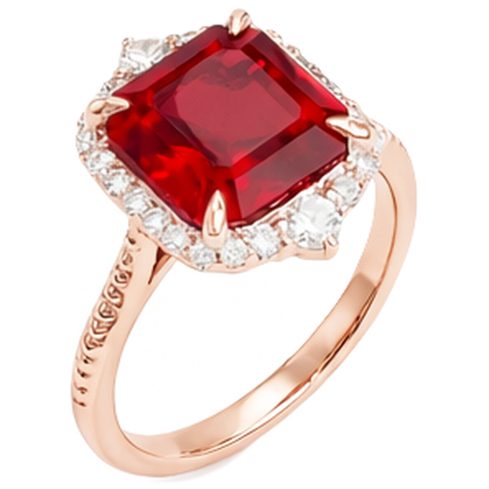17 carati grande anello a forma di rubino rosso asscher e diamanti in oro 14k