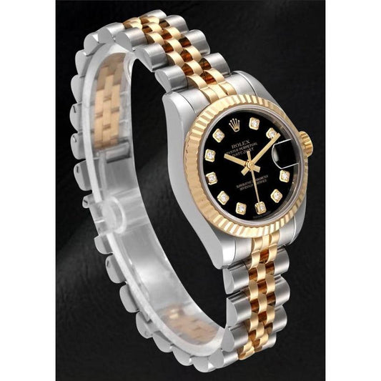 179173 Rolex Datejust Lady con quadrante nero e diamanti, anno 2012, chiusura nascosta