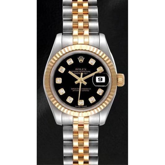 179173 Rolex Datejust Lady con quadrante nero e diamanti, anno 2012, chiusura nascosta