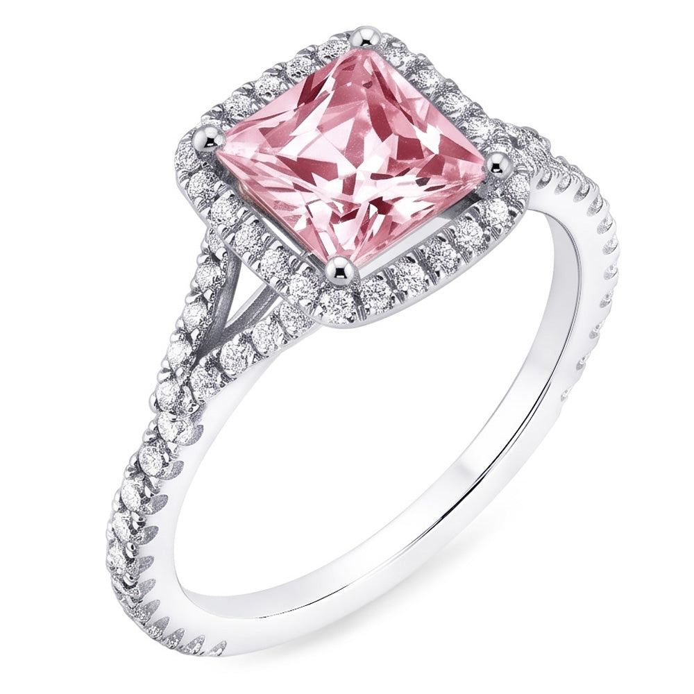 2.15 carati. Anello con gemme rosa Zaffiro Princess Halo WG
