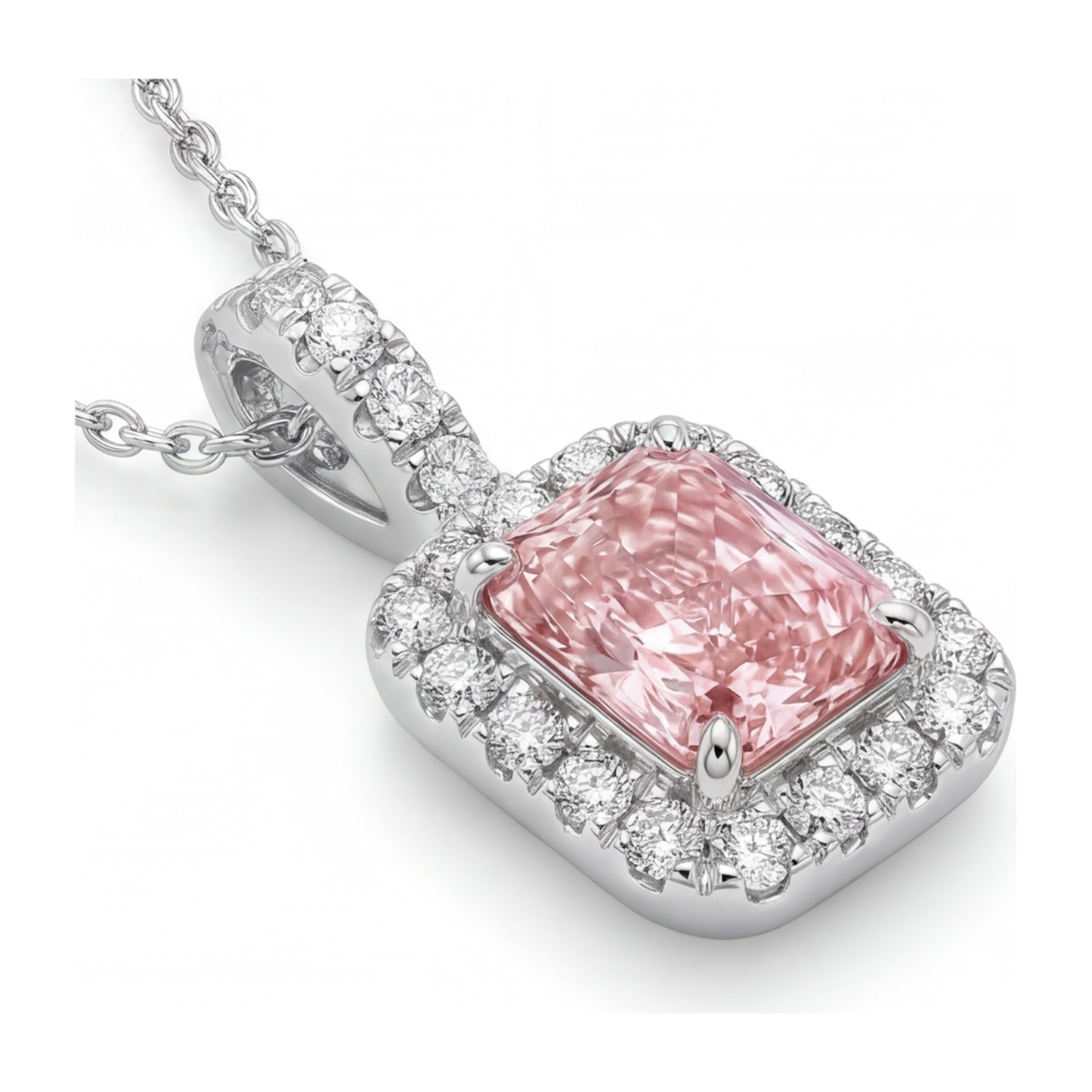 Collana con Pendente Halo con Diamante Rosa da Laboratorio Taglio Radiant da 2,25 Carati in Oro Bianco 14 Carati