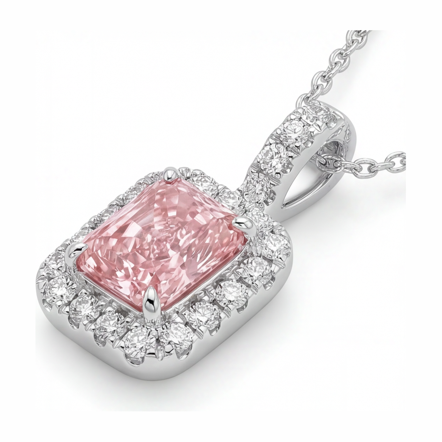 Collana con Pendente Halo con Diamante Rosa da Laboratorio Taglio Radiant da 2,25 Carati in Oro Bianco 14 Carati