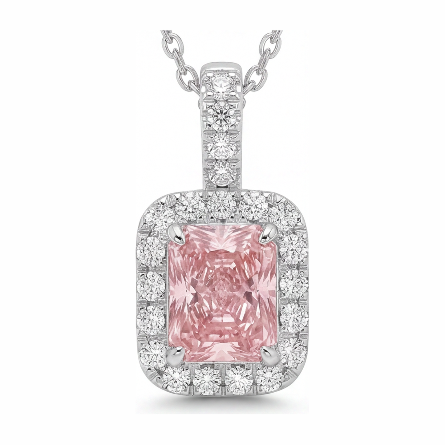 Collana con Pendente Halo con Diamante Rosa da Laboratorio Taglio Radiant da 2,25 Carati in Oro Bianco 14 Carati