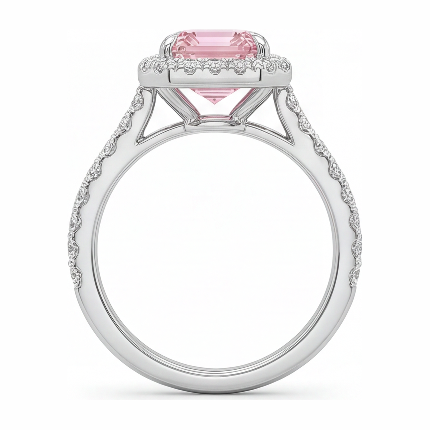 Anello con diamante rosa da laboratorio taglio smeraldo da 2,5 carati con halo in oro bianco 14K