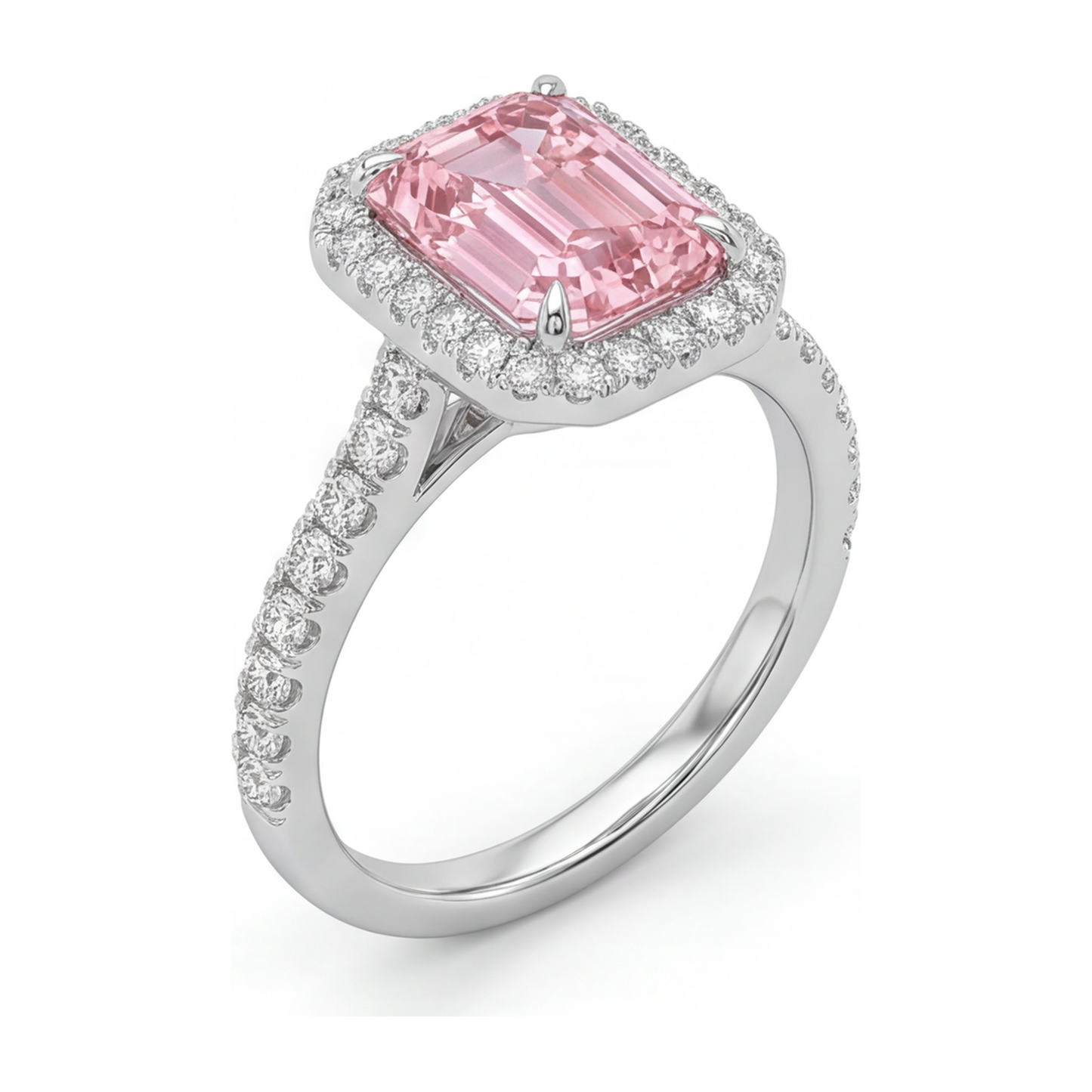 Anello con diamante rosa da laboratorio taglio smeraldo da 2,5 carati con halo in oro bianco 14K