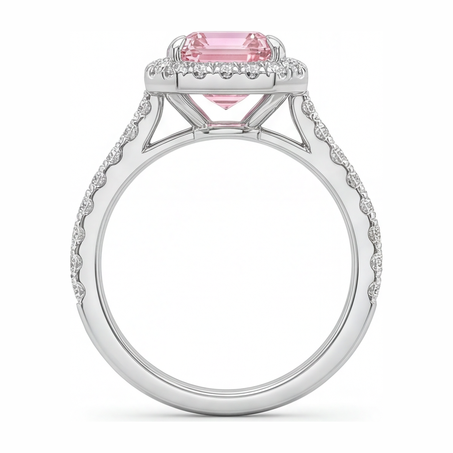 Anello con diamante rosa da laboratorio taglio smeraldo da 2,5 carati con halo in oro bianco 14K