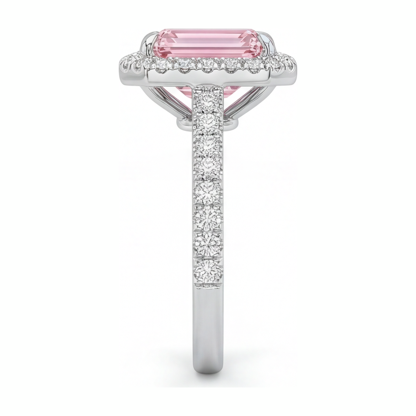 Anello con diamante rosa da laboratorio taglio smeraldo da 2,5 carati con halo in oro bianco 14K