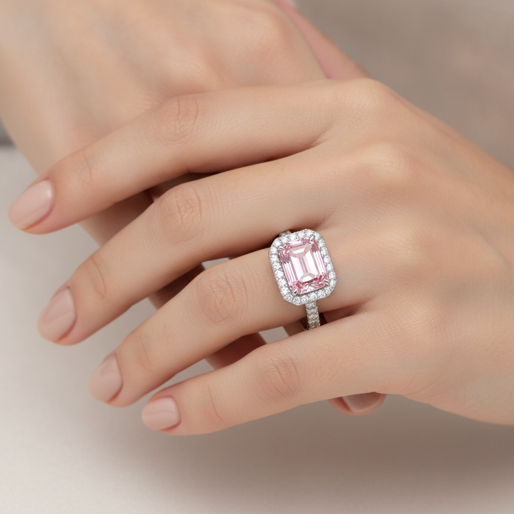 Anello con diamante rosa da laboratorio taglio smeraldo da 2,5 carati con halo in oro bianco 14K