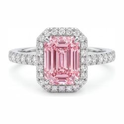 Anello con diamante rosa da laboratorio taglio smeraldo da 2,5 carati con halo in oro bianco 14K