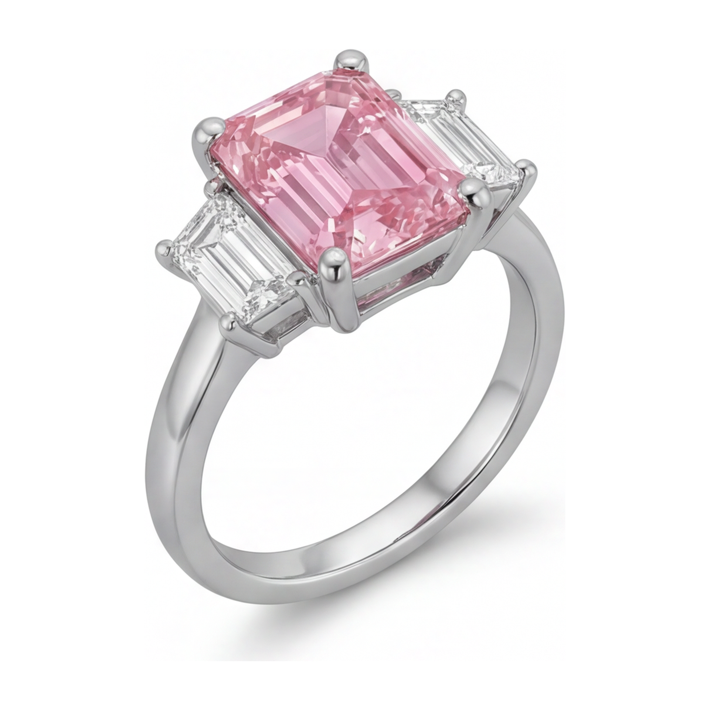Anello a Tre Pietre Liscio con Diamante Rosa da Laboratorio Taglio Smeraldo da 2,5 Carati in Oro Bianco 14K
