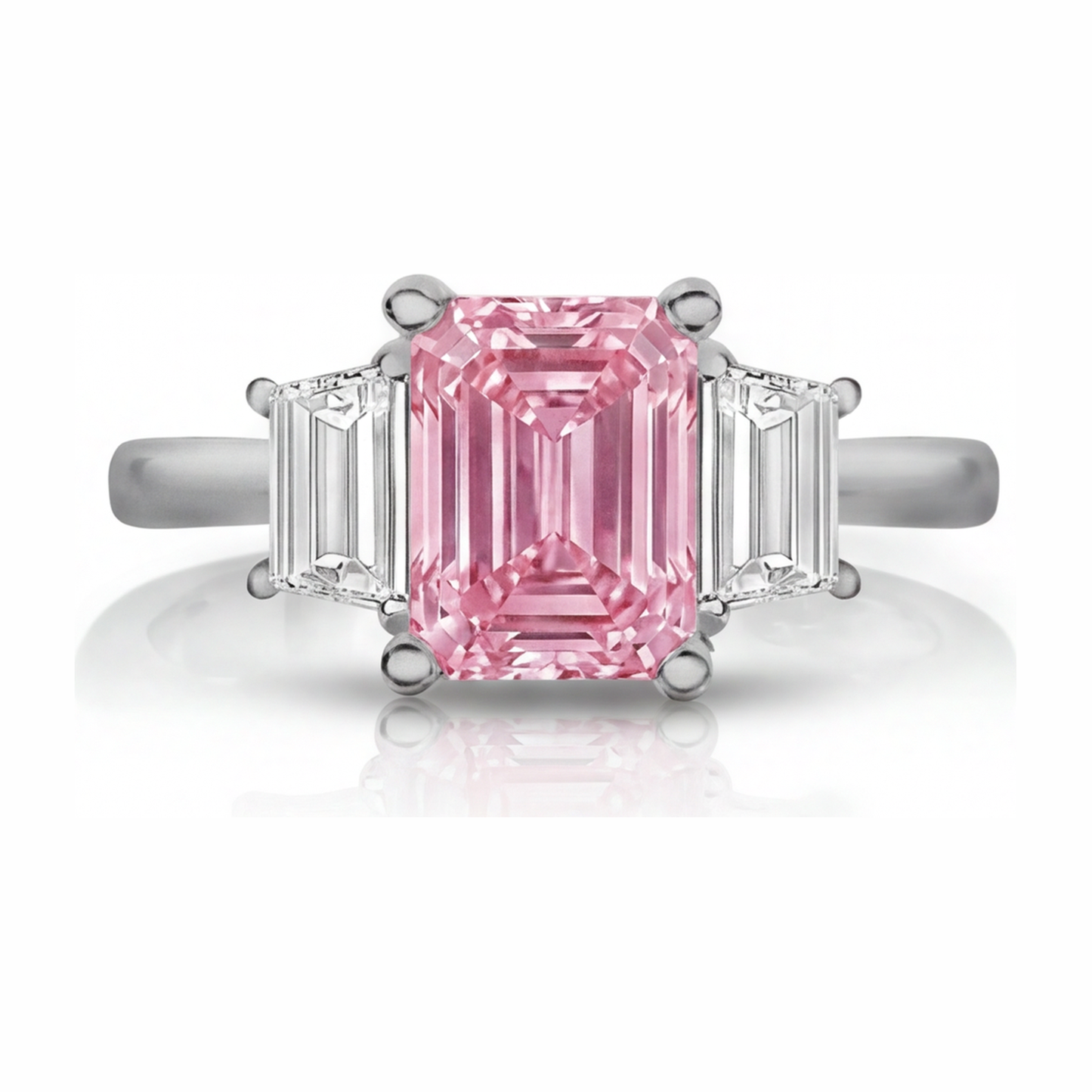 Anello a Tre Pietre Liscio con Diamante Rosa da Laboratorio Taglio Smeraldo da 2,5 Carati in Oro Bianco 14K