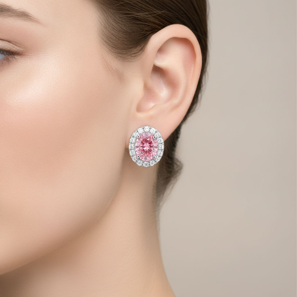Orecchini pendenti con diamanti rosa da laboratorio da 2,5 carati Halo ovale in Oro Bianco 14K