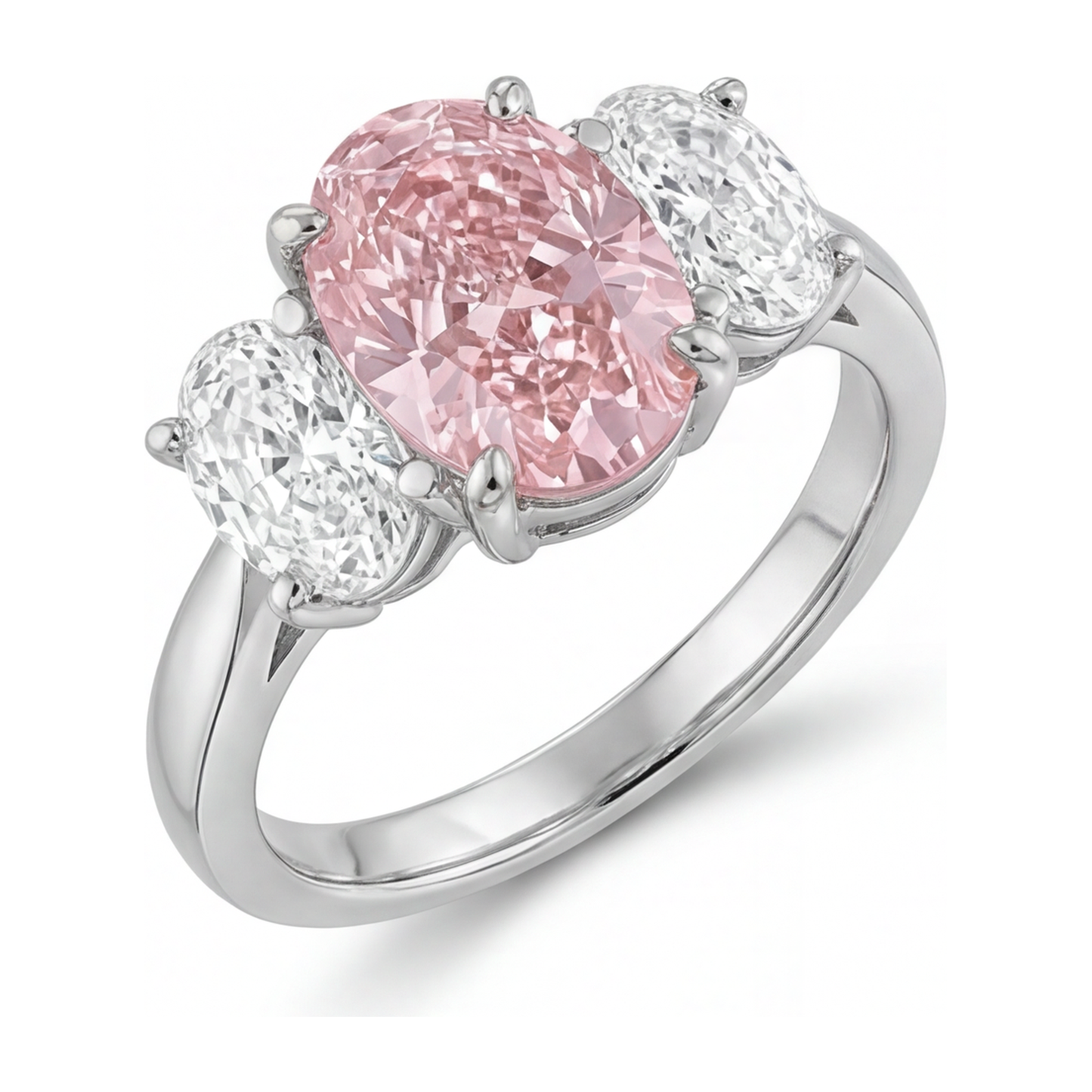 Anello di Fidanzamento Rosa con Diamante Ovale da Laboratorio da 2,5 Carati a Tre Pietre in Oro Bianco 14K