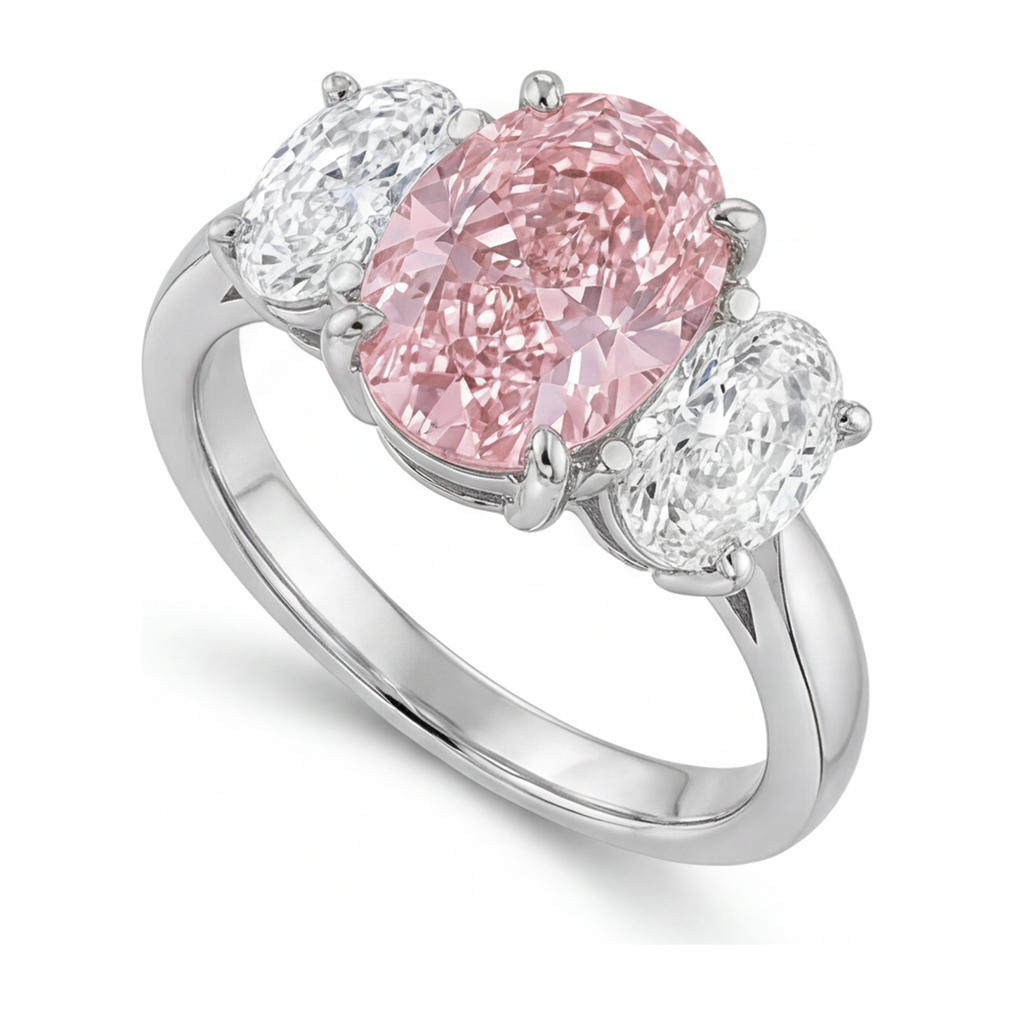Anello di Fidanzamento Rosa con Diamante Ovale da Laboratorio da 2,5 Carati a Tre Pietre in Oro Bianco 14K