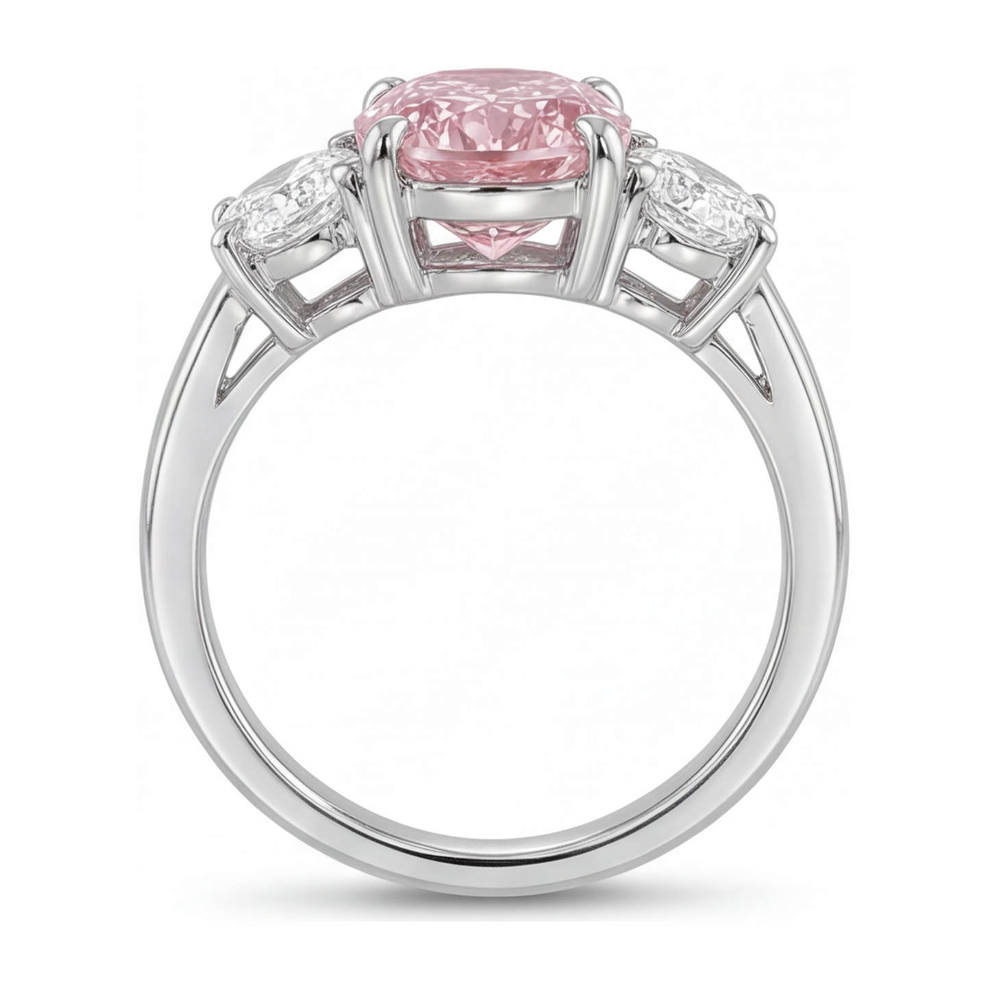 Anello di Fidanzamento Rosa con Diamante Ovale da Laboratorio da 2,5 Carati a Tre Pietre in Oro Bianco 14K