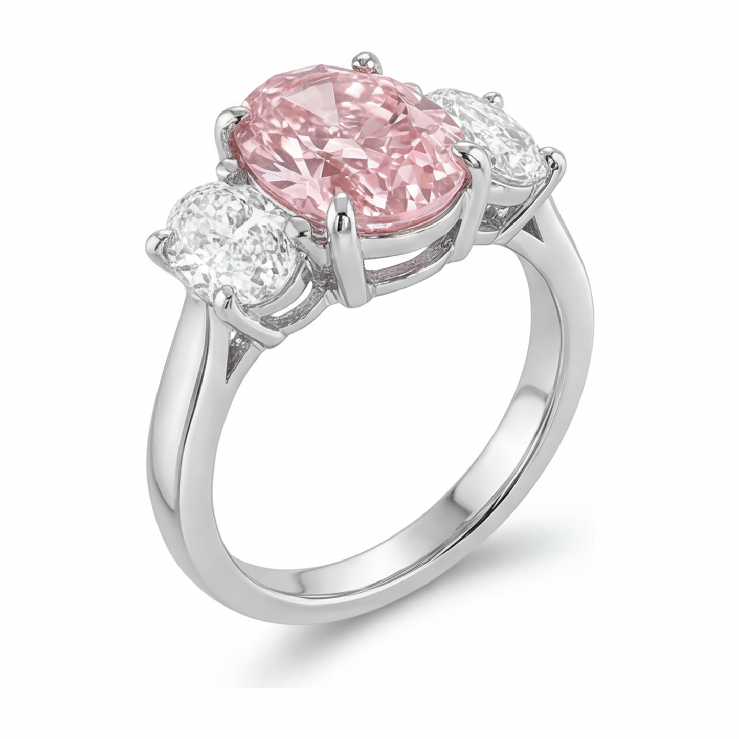 Anello di Fidanzamento Rosa con Diamante Ovale da Laboratorio da 2,5 Carati a Tre Pietre in Oro Bianco 14K