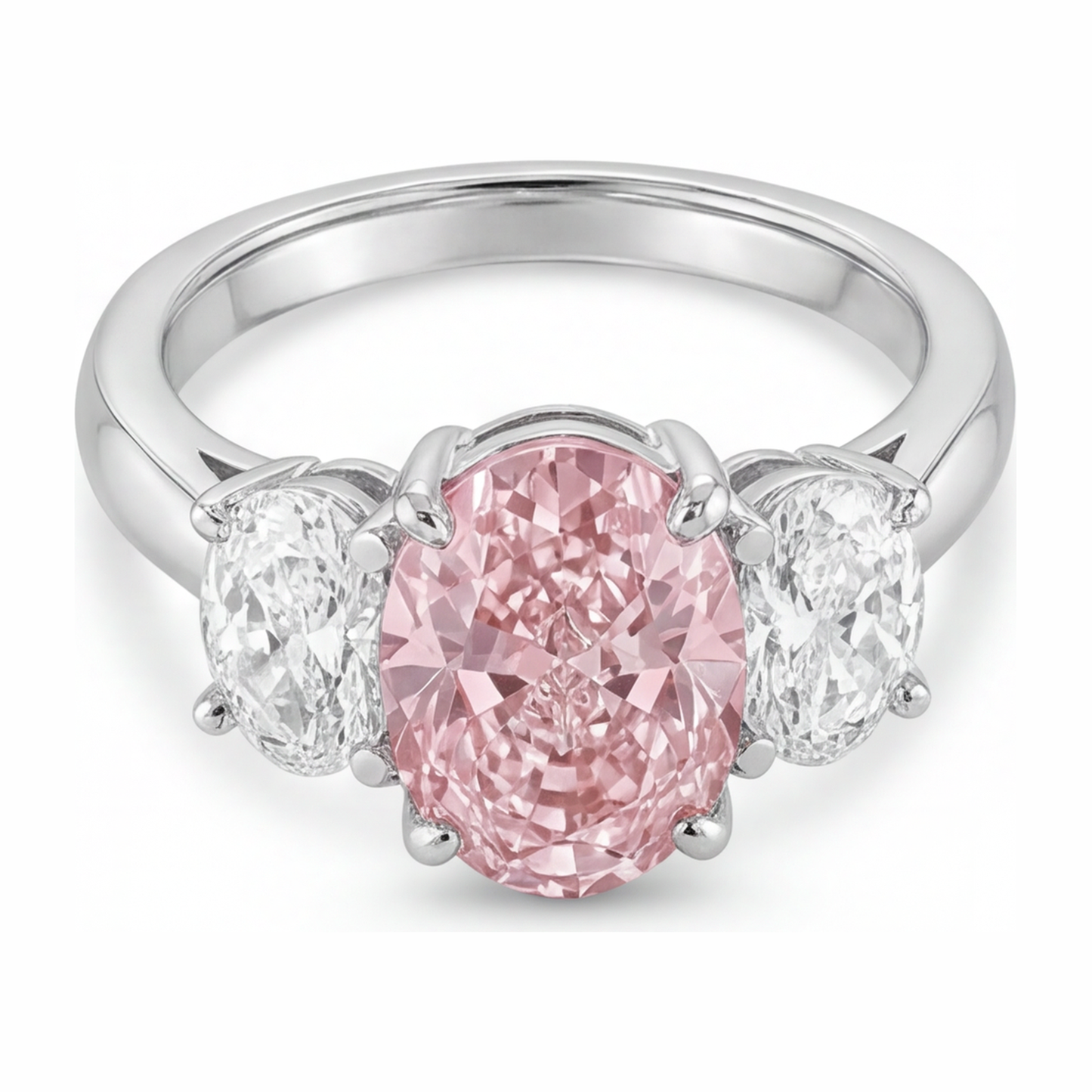 Anello di Fidanzamento Rosa con Diamante Ovale da Laboratorio da 2,5 Carati a Tre Pietre in Oro Bianco 14K