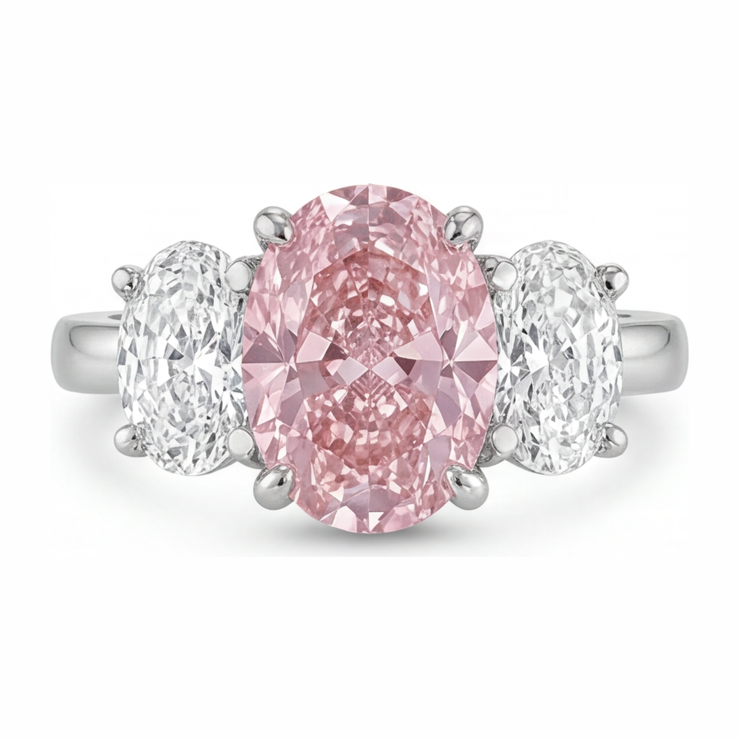 Anello di Fidanzamento Rosa con Diamante Ovale da Laboratorio da 2,5 Carati a Tre Pietre in Oro Bianco 14K