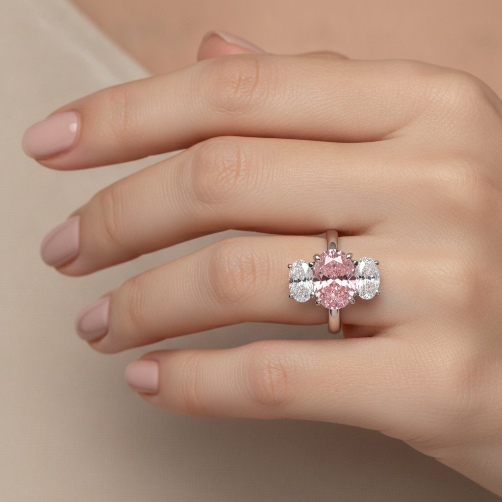Anello di Fidanzamento Rosa con Diamante Ovale da Laboratorio da 2,5 Carati a Tre Pietre in Oro Bianco 14K