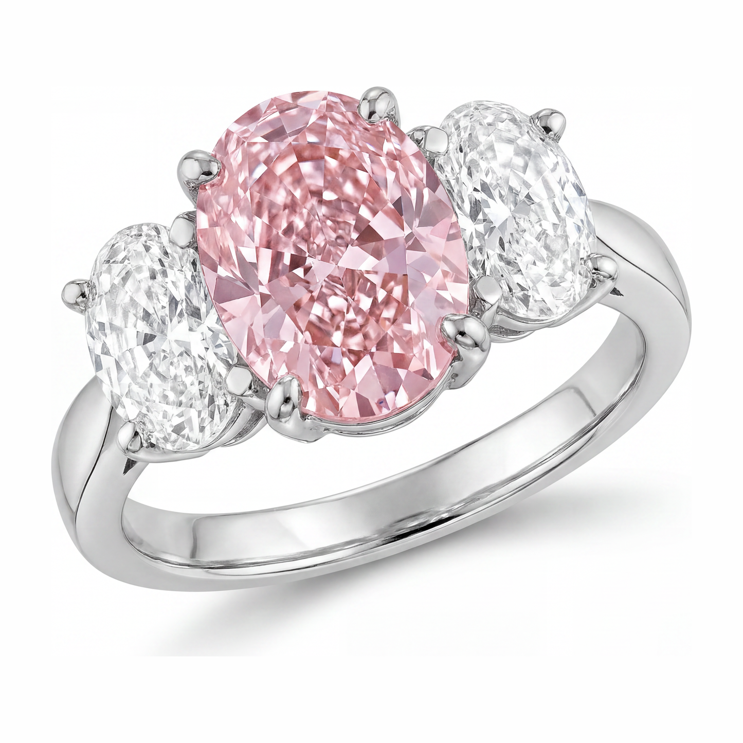 Anello di Fidanzamento Rosa con Diamante Ovale da Laboratorio da 2,5 Carati a Tre Pietre in Oro Bianco 14K