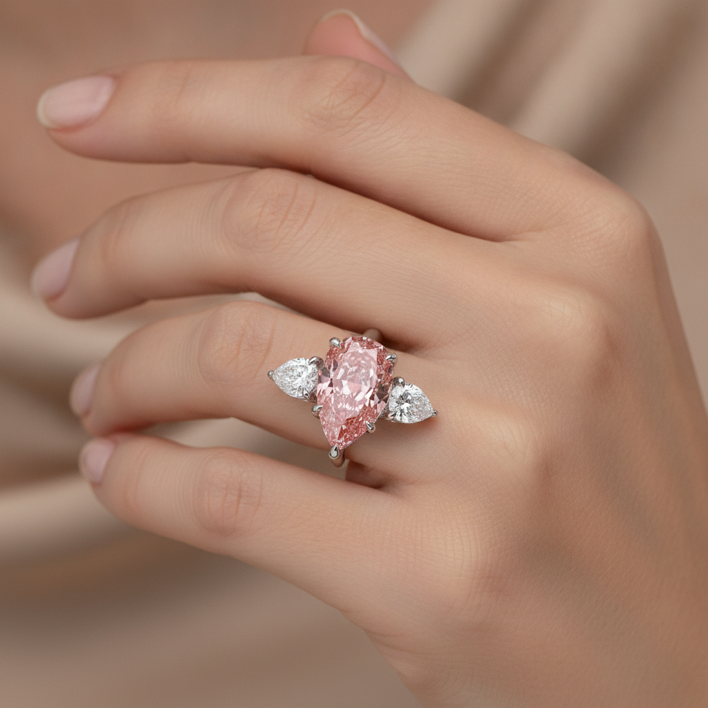 Anello a Tre Pietre in Oro Bianco 14K con Diamante Rosa da Laboratorio Taglio a Goccia da 2,5 Carati