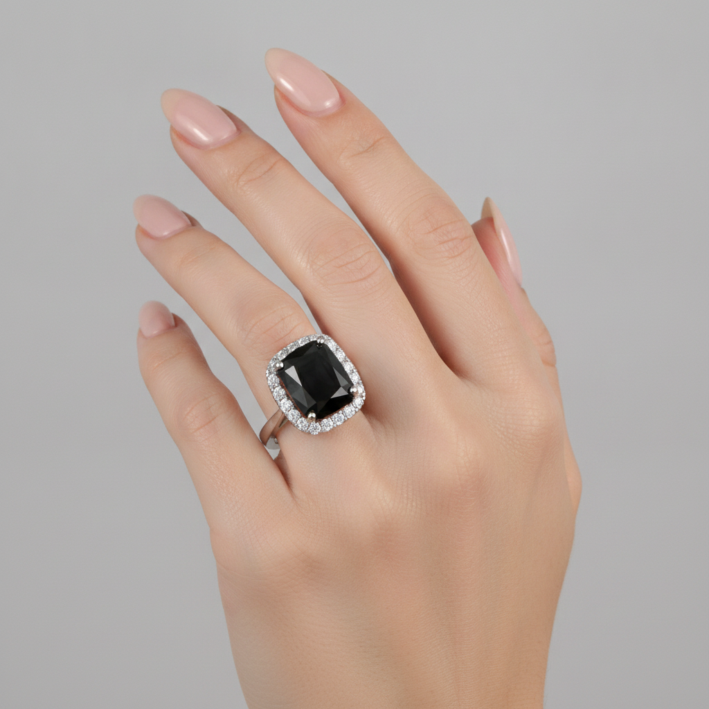 Anello di Fidanzamento Nero con Diamante Autentico Taglio Radiant da 10 Carati Halo in Oro Bianco 14K