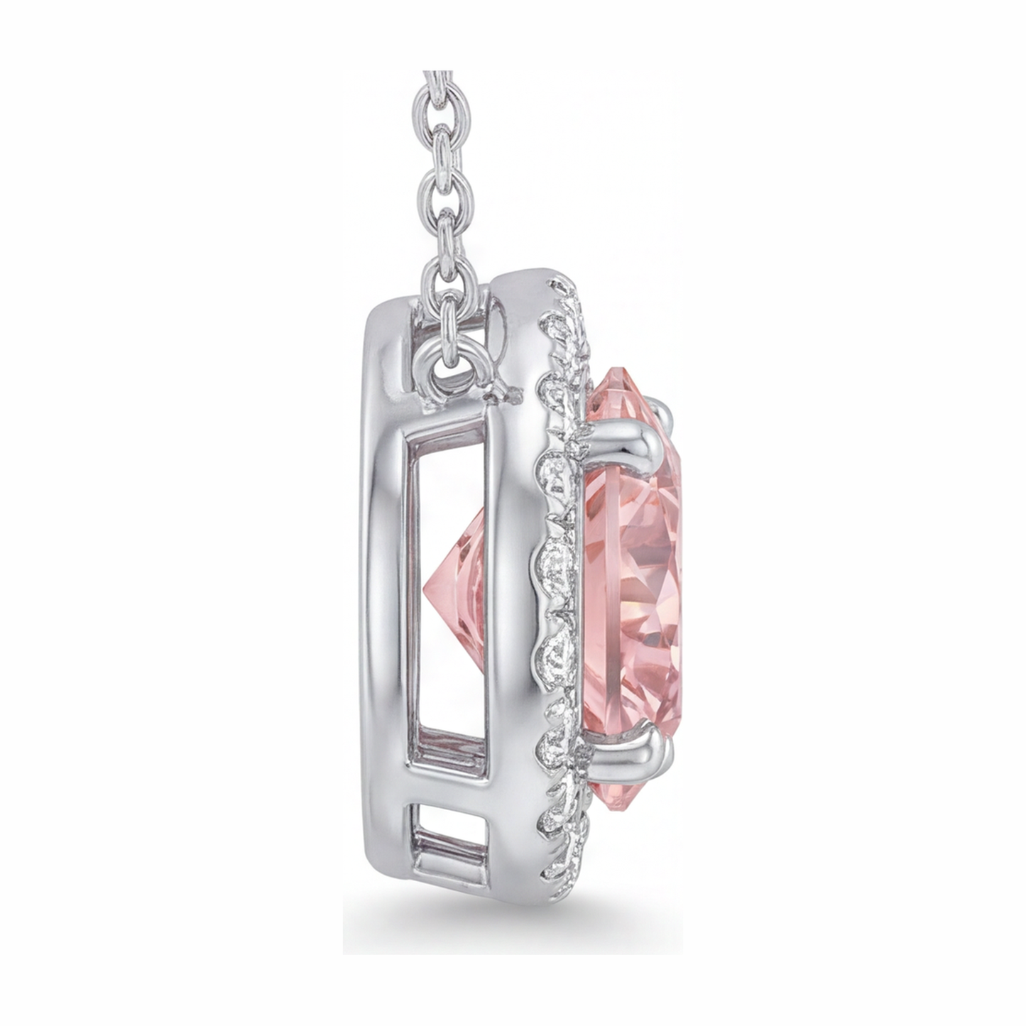 Collana con Pendente Halo con Diamante Rosa Rotondo da Laboratorio da 2,5 Carati in Oro Bianco 14K
