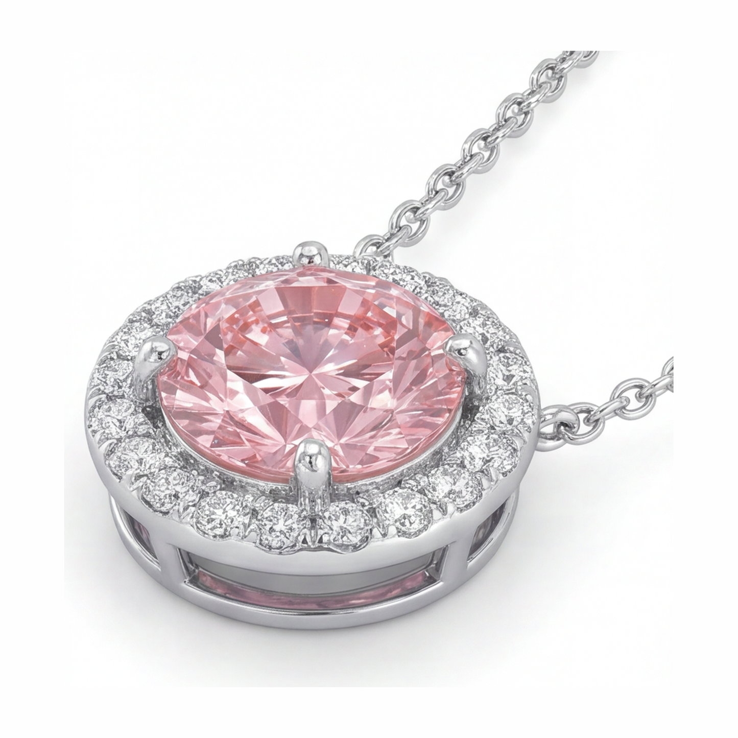 Collana con Pendente Halo con Diamante Rosa Rotondo da Laboratorio da 2,5 Carati in Oro Bianco 14K