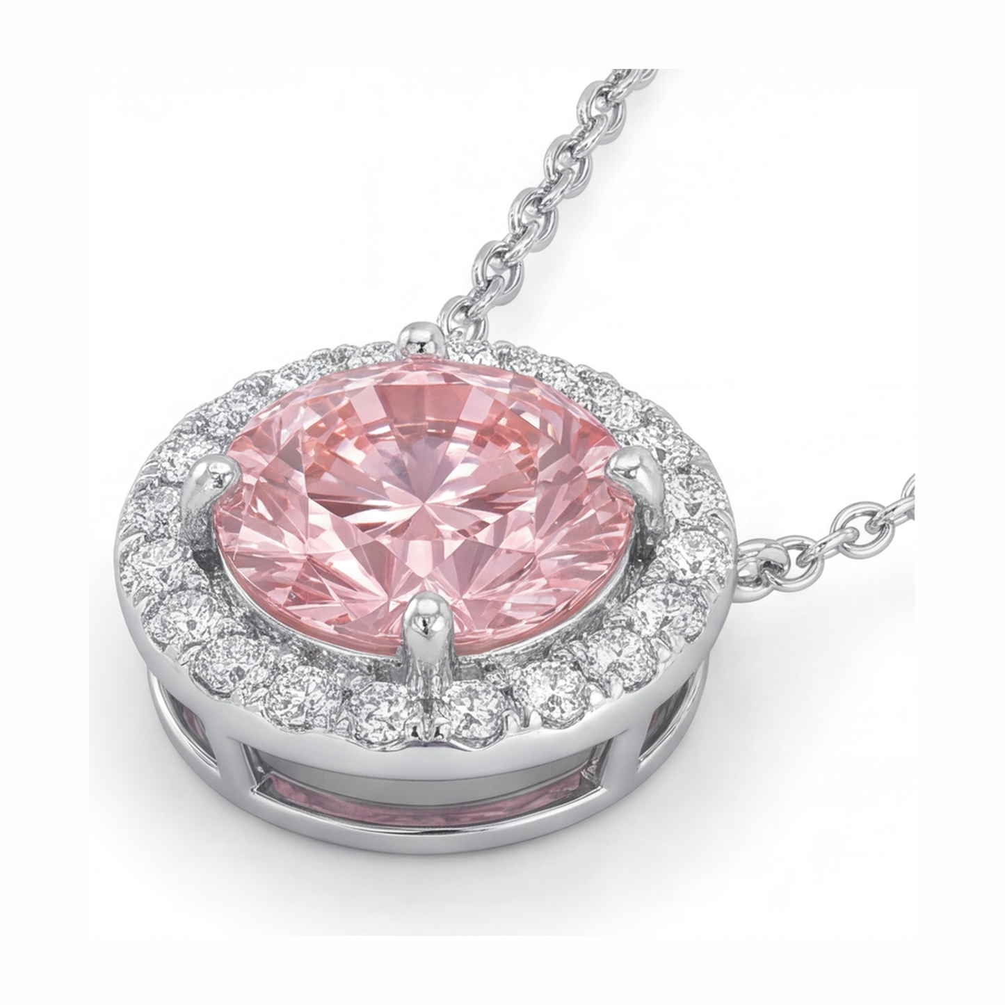 Collana con Pendente Halo con Diamante Rosa Rotondo da Laboratorio da 2,5 Carati in Oro Bianco 14K